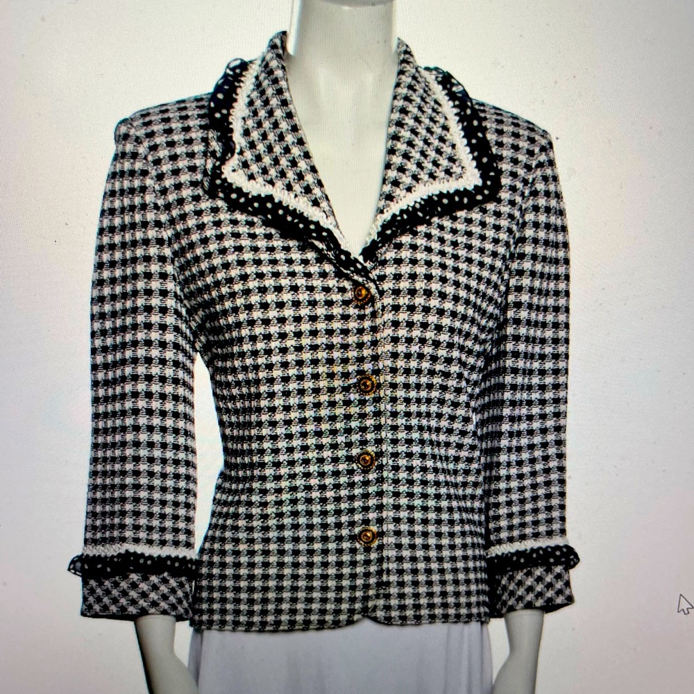 St. John, houndstooth, print, blazer, blue and white with polkadots size 10